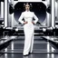 Placeholder: a standing revealing full body photoshoot Princess Leia with her Star Puffs hairstyle, she is poised on hands and knees, by Helmut Newton, typical for the suggestive style of Newton (high quaintly perfect photo) the background is a space dock