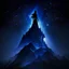 Placeholder: a shadow of a woman on top of a mountain, dark blue glowing light, dark, magic, fantasy, stars, sparkle, dragon through sky