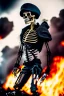 Placeholder: ultra high definition image of an attractive but scary looking skeleton, rising from the ashes, a war veteran, partially humanlike characteristics, army beret and ripped amo wear, very detailed, chaotic background, dramatic close-up action shot of him on a burned out war tanker with a torpedo on shoulder ready to fire and ammo ,gothic and dark theme, 12k