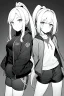 Placeholder: blonde girl with ponytails dressed in a jacket and shorts, greyscale