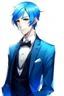 Placeholder: man with blue hair anime wearing tuxedo realistic