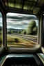 Placeholder: The hyper-realistic photograph, appearing as though taken with a phone camera, captures the essence of a train journey through a detailed window view. The window frame dominates the foreground, with the landscape outside moving in a blur as the train speeds along the tracks. Every detail is meticulously depicted, from the reflections on the window glass to the varying terrain outside. The scenery changes dynamically, transitioning from urban cityscapes to lush countryside vistas, each passing b