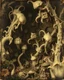 Placeholder: A daguerreotype-style close-up image of a surreal background inspired by Hieronymus Bosch and Max Ernst, featuring twisted organic forms, decaying botanical elements, and strange vegetal growths that seem to pulse with unnatural life. The entire scene is bathed in soft, ambient lighting that creates an otherworldly atmosphere, with areas of deep shadow contrasting against the pale, spectral glow of the figures.