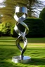 Placeholder: Hennry Moor style abstract sculpture made of small stainless steel ribbon - full body standing on wooden pedestal