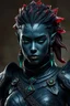 Placeholder: Please generate a female earth genasi for D&D. She should have dark, charcoal black-colored skin with glittering sparkles like gem dust. She should have lines marking her skin like cracks, showing glimmering gem-like veins and a faint glow. Her hair should appear carved from red crystals. She should be in her mid-20s and fully-clothed in heavy armor. Full body picture