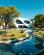 Placeholder: Photography of a futuristic house, in a residential area with trees. The house has organic shapes and a futuristic white design. There are bodies of water such as ponds or rivers that intersect with the urban environment. The atmosphere is summery, clear blue sky. Ultra quality, hyper detailed, 8k