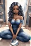 Placeholder: Create a futurism magna watercolor pain art of a black chibi curvy female sitting on the floor looking at herself in a hand mirror. She is wearing tight blue jeans and a black off the shoulder blouse. Prominent make up with lush lashes. Highly detailed long wavy hair. She is also wearing silver large hoop earringsart of a black chibi curvy female sitting on the floor looking at her cell phone. She is wearing tight blue jeans and a black off the shoulder blouse. Prominent make up with lush lashes