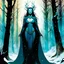 Placeholder: create a wildly conceptual full body portrait illustration of sorceress with highly detailed feminine facial features, in an ethereal, otherworldly , darkened, ancient winter forest , in the comic book art style of Bill Sienkiewicz, Mike Mignola, Sparth, and Jean Giraud Moebius, finely drawn, colored and inked, suffused with dramatic natural light and shadow under a midnight blue moon