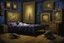 Placeholder: woman sleeping in bedroom having a night terror, nightmarish many legged creature crawling out of large framed picture hanging above bed, surreal haunting scene, horror art, mysterious sinister unforgettable, by Yves Tanguy, by Denis Forkas, by Dariusz Klimczak, photoreal, magic realism, dark blue and dark violet and dark gold, volumetric lighting.