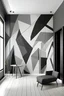 Placeholder: Create handpainted wall mural with dynamic triangles intersecting and overlapping, capturing the essence of Suprematist geometry. Use shades of gray to create depth and dimension."