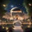 Placeholder: Hyper Realistic Al-Aqsa Mosque between a beautiful garden with celebration lights & fireflies at night with Palestinian people celebrating