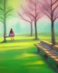 Placeholder: park mystical dream, park bench, man, woman, child, dog, trees, path, bird, sunshine, mystical, fantasy, romanticism, pastel colors, daylight, daytime, acrylic painting, detailed, soft focus,