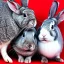 Placeholder: image with 3 animals: 1 grey rabbit + 1 black and grey rabbit + 1 red-headed cat