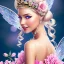 Placeholder: fantasy fairy with transparent wings, smiling, , long platinum blond hair with crown and flowers, pink dress