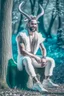 Placeholder: full body view, photography of a mythical satyr, a half man, half goat in the forest, eyes squinting, horns like a male goat, in the style of glitter pastels, grey goatee, ruddy weathered, hairy man face, lower body is a goat with goat legs and hooves, smiling, sitting on a tree stump