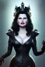 Placeholder: Geena Davis as evil queen in black leather, leather, busty, cleavage, angry, rage, stern look. character design by cory loftis, fenghua zhong, ryohei hase, ismail inceoglu and ruan jia. unreal engine 5, artistic lighting, highly detailed, photorealistic, fantasy