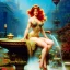 Placeholder: Hyperdetailed oil on canvas, young robyn lively by an ornate fountain, goldfish pond, lotus, detailed face, long muti-hued red curly hair; by gaspar camps, maxfield parrish, alphonse mucha, cyril rolando, dan mumford; luminous colorful sparkles, glitter, airbrush, octane render, volumetric lighting, 16k