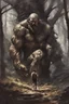 Placeholder: a stupid and crazy stone giant walks through the forest and breaks, vivid emotions, watercolor, photorealism, dark fantasy, bad weather, gloomy day, dark world, sketch art, fine lines, grunge, sensual, darkness, by Raymond Swanland & Alyssa Monks & Anna Razumovskaya