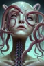 Placeholder: gorgeous female humanoid, tentacles, looking downward, piercings, beautiful face, mesmerizing starry eyes, smooth translucent skin, transcendental