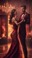 Placeholder: Hyper Realistic handsome muscular guy in flame-patterned-maroon-tuxedo & a beautiful girl in classy-maroon-gown-with-golden-lace dancing in Dark-Room-with-embers.