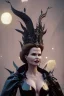 Placeholder: Geena Davis as evil queen in black leather gown, evil, busty, cleavage, curvy, angry, stern look. character design by cory loftis, fenghua zhong, ryohei hase, ismail inceoglu and ruan jia. unreal engine 5, artistic lighting, highly detailed, photorealistic, fantasy