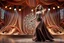 Placeholder: modern stage with dark-brown cream theme artistic decoration , color full dynamic lighting, a beautiful lady in maxi dress with shining silver jewels ,curvy long hair,dancing, 3D recursive fractal structure animating background