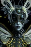 Placeholder: beautiful wasp portrait, textured detailed bioluminescence black and yellow wings adorned with renaissance style silver and black and white pearls, and black diamond headdress and masque, white and black and yellow florals, organic bio spinal ribbed detail of detailed creative rennaisance style light blue colour florwers by moonlight background expressively, extremely detailed hyperrealistic maximálist concept art