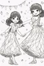 Placeholder: Little girls dancing in diamond-patterned dresses at a festive celebration. Use diamonds for their dresses, party decorations, and the dance floor.,very happy , Colloring page for todlliers ; basic hawali style cartoon , black and white , ink outlines , , smooth , anime style , minimalist , cute eyes , full body , white shose , sketchbook , realistic sketch , free lines , on paper , character sheet , clean line art high detailed