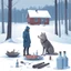 Placeholder: a sad depressed Finnish man with his empty plate, outside his house in the forest, Winter, snow, very cold, Finnish flagpole at half way up, Finnish flag, a bottle of Vodka in his hand, knifes and sauna, Simon Stålenhag style, lying empty vodka bottles on ground, graveyard with crosses and wolves