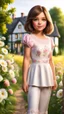 Placeholder: a 5 percent carton like 5 years old girl with realistic face and bob hair and makeup in pretty top and short tight and nice shoes,looking like a beautifull lady standing in country side next to country house with flowers,trees.