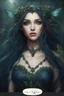 Placeholder: Dark bluec green hair, elven crown roses emerald Water lilies long hair lotus night Fairy princess rapunzel hair queen crown dragonflies fireflies elven tiara flowers fairy wings gothic dark blue ,fairy crown