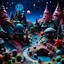 Placeholder: Detailed creepy landscape made of modeling clay, village, stars and planets, Roger Dean, naïve, Tim Burton, strong texture, Ernst Haekel, extreme detail, Max Ernst, decal, rich moody colors, sparkles, Yves Tanguy, bokeh, odd