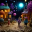 Placeholder: Detailed people, street made of modeling clay and felt, village, stars, galaxy and fog, planets, moon, volumetric light flowers, naïve, Henri Rousseau, strong texture, extreme detail, Yves Tanguy, decal, rich moody colors, sparkles, Harry Potter, bokeh, odd, shot on Ilford