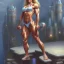 Placeholder: blonde female bodybuilder, castle fortress by thomas kinkade gerald brom whelan