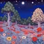 Placeholder: Colourful, peaceful, Max Ernst, Gustav Klimt, Egon Schiele, night sky filled with galaxies and stars, trees, rocks, giant flowers, one-line drawing, sharp focus, 8k, 3d