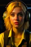 Placeholder: cockpit, a cute blonde latino female chat robot that stares at us like we are the prettiest demons she has ever seen, its such a perfect day, motion blur, smoke, 8k, downlight, soft light, depth of field, photorealism, trending on art station, lotsa detail