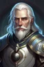 Placeholder: Please create an image for a 30-year old half-aasimar male with silver hair and a silver beard and blue eyes. He is a cleric of Selune, whose symbol should be placed on the cleric's shield, if visible in the image. The cleric should be wearing either medium or heavy armor, and carrying a warhammer or a mace and a shield