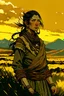 Placeholder: Illustration of a young woman standing in the grassland in the style of Bernie Wrightson. Olive Skin, Black Hair, Asian facial Features, Indigenous Ethnicity, Indigenous Clothing, Sami Clothing, Indigenous Adornments, Full Body. Taiga, Mountains, Tundra. Gloomy and Depressing Atmosphere. Dark Hues Color Palette, Composition Balance, Outlined Silhouettes, Shadows, Highlights, Intricate Details, Dark Fantasy, Narrative-rich Illustration, Visual Compellingness in the style of Bernie Wrightson.