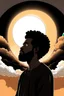 Placeholder: show me an illustration of a black Noah with a mini afro and a beard looking at the clouds talking the sun is shining on him and a bright ball of light shines down on him