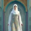 Placeholder: woman in flowing, white burka standing in front of a mosque with ocean-coloured mosaic walls, high-quality, fine-detail, intricate, ornate, volumetric lighting, 8k resolution, haunting, powerful, photo-realistic, high-quality, Moe Zoyari, Brian Froud, Howard Lyon, Romain Veillon, Greg Rutowski, Anna dittmann