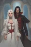 Placeholder: A couple, from the dnd game curse of Strahd. The woman has long white hair and blue eyes, the man has LONG BLACK hair and red eyes, no facial hair. He is standing protectively behind her.