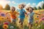 Placeholder: children run and laugh in the summer meadow, surrounding colors flowers, meadow, Happy and harmony vibe, blu sky and the little wind. high detailed, sharp focuses, photorealistic, cinematic