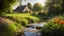 Placeholder: Beautiful realistic rural landscape, warm sunshine, lush plant growth, flowers, brook, peaceful, delightful, idyll, award-winning photograph, detail, beautiful composition, attractive colour, chiaroscuro, rule of thirds, arts-and-crafts house