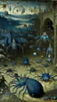 Placeholder: Serpent of the summoning floor ritualistic spiders particularly bold, saturated hues like gray and deep blues, often juxtaposed with dark, atmospheric settings.Bosch painting style