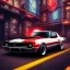 Placeholder: spray paint art, long shiny flat red and white muscle car in motion, man in suit with big machine guns and great style,bullets flying, evening, seen from balcony, dirty city alley, heist action, book cover