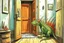 Placeholder: A good dragon knocks on the door of a child's room, realism photographic, graphic novel,