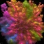 Placeholder: Full shot sketch of A centered explosion of colorful powder on a black background