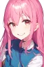 Placeholder: anime, female, young, assistant, cheerful, facing the camera, center in portrait, pink haired, long hair