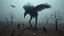 Placeholder: close in center weird crepy bird-man creature around different small dark crepy birds and far away surreal thriller vibe trees in alternative surreal barren, dry, gloomy world, nightmare in abyss, deep vortex, black, gray, purple, brown, silver, dark red colors, surreal, weird dark fantasy, deep dark colors, sharp lines, crepy stunning, high detalied, weird, fog, shadows, realistic, surreal, highly detailed, melancholic thriller mood