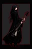 Placeholder: pretty goth girl(dressed in black flowing robes) rockin' on the guitar, leaning back, dark background, red outline, vignette, photo realism